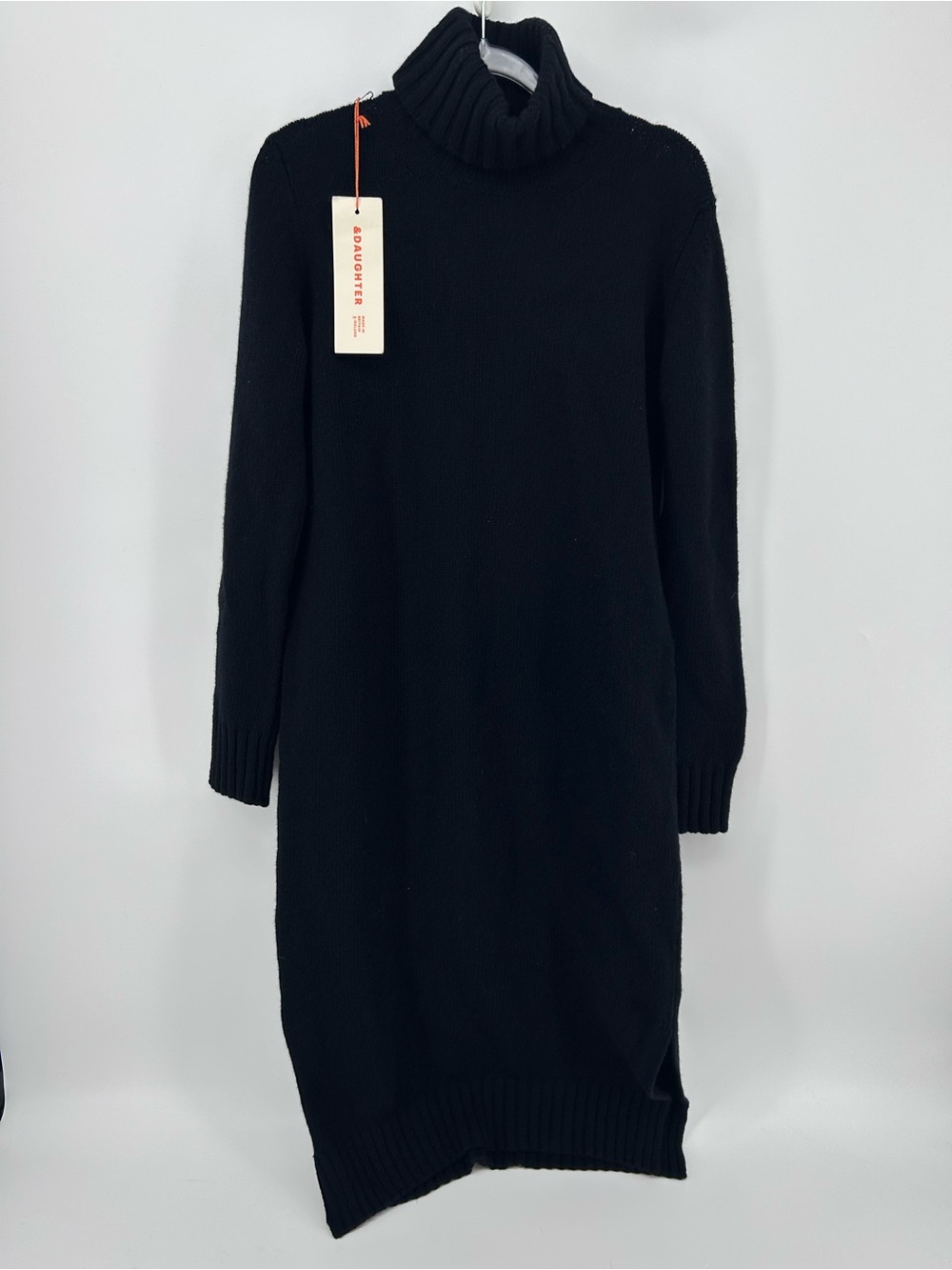 &Daughter Black 100% Wool Turtleneck Sweater Dress Made In Ireland NWT Side Slit
